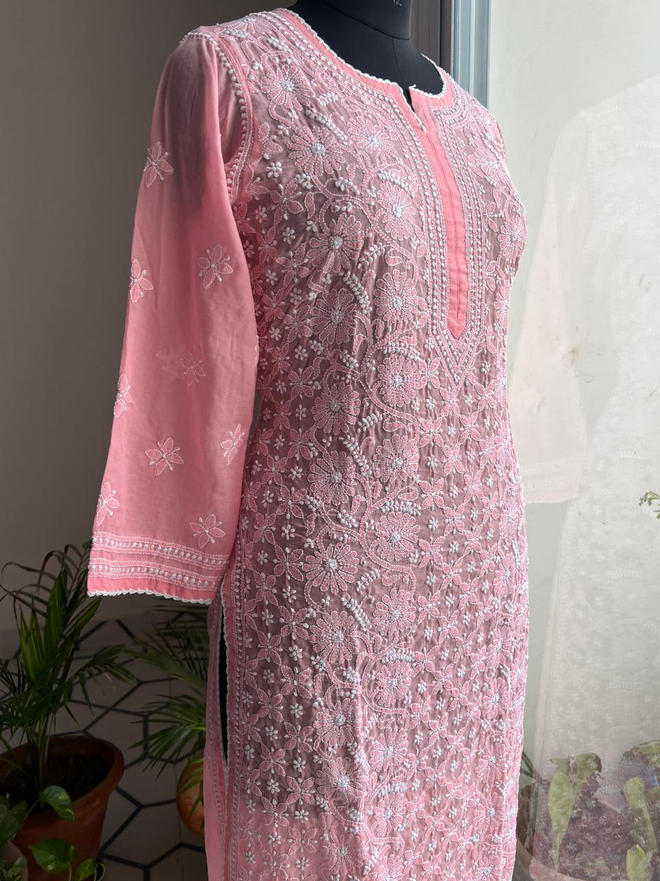 Coral Pink Cotton Hand embroidered kurti