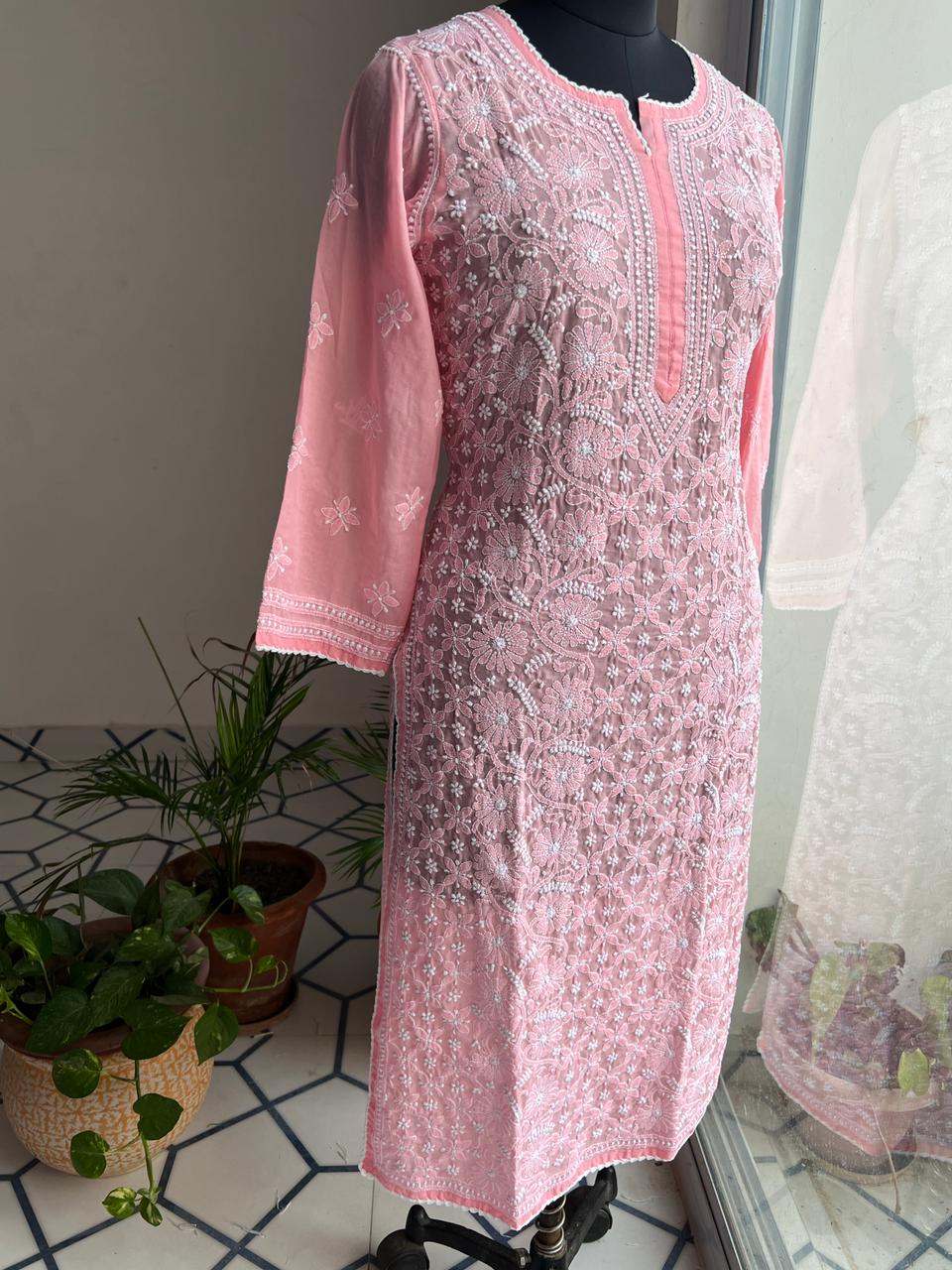Coral Pink Cotton Hand embroidered kurti