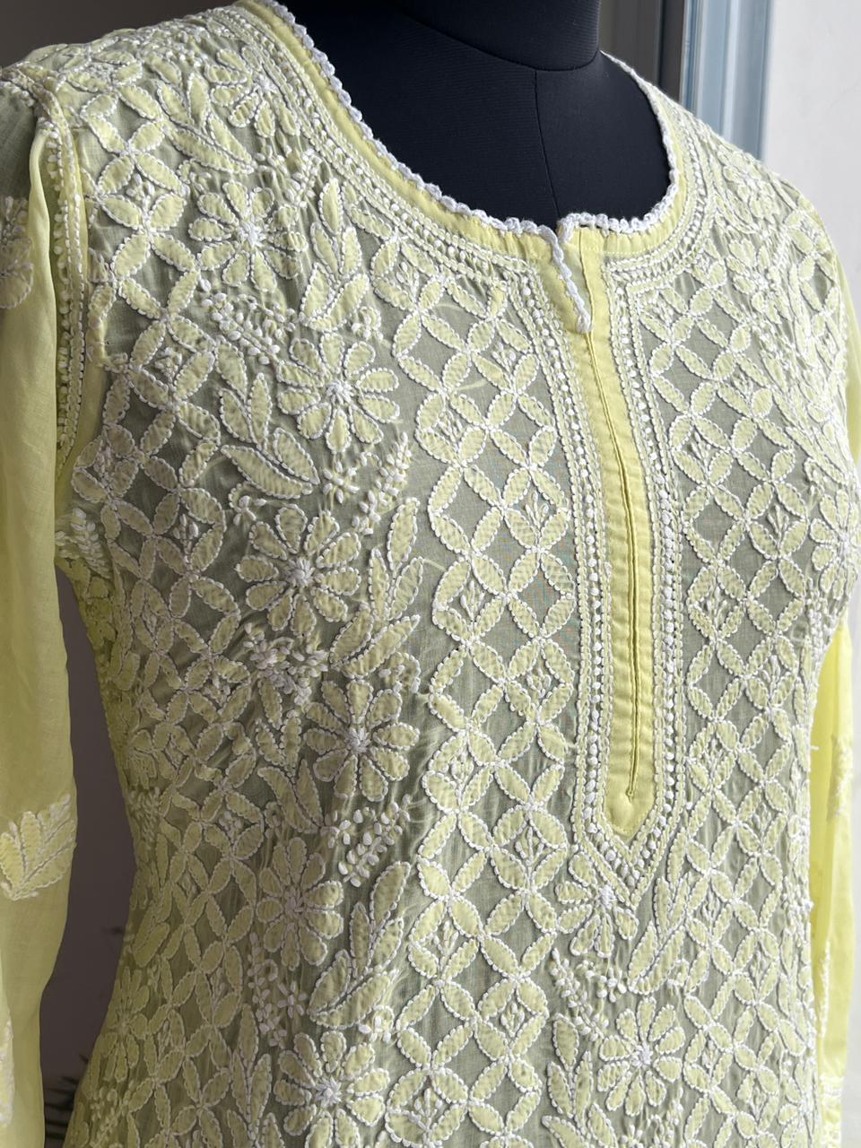 Lemon Cotton Hand Embroidered Kurti