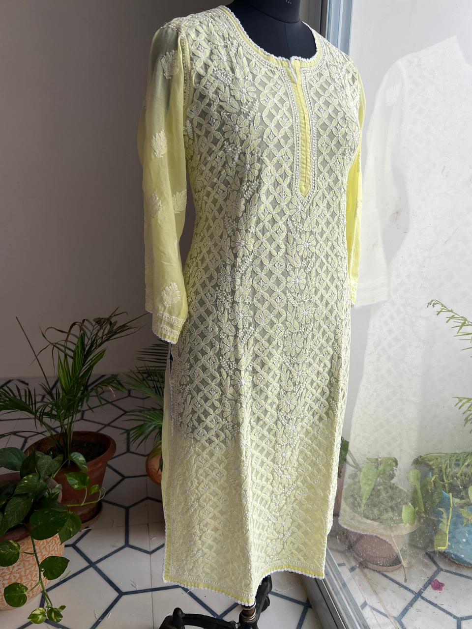Lemon Cotton Hand Embroidered Kurti