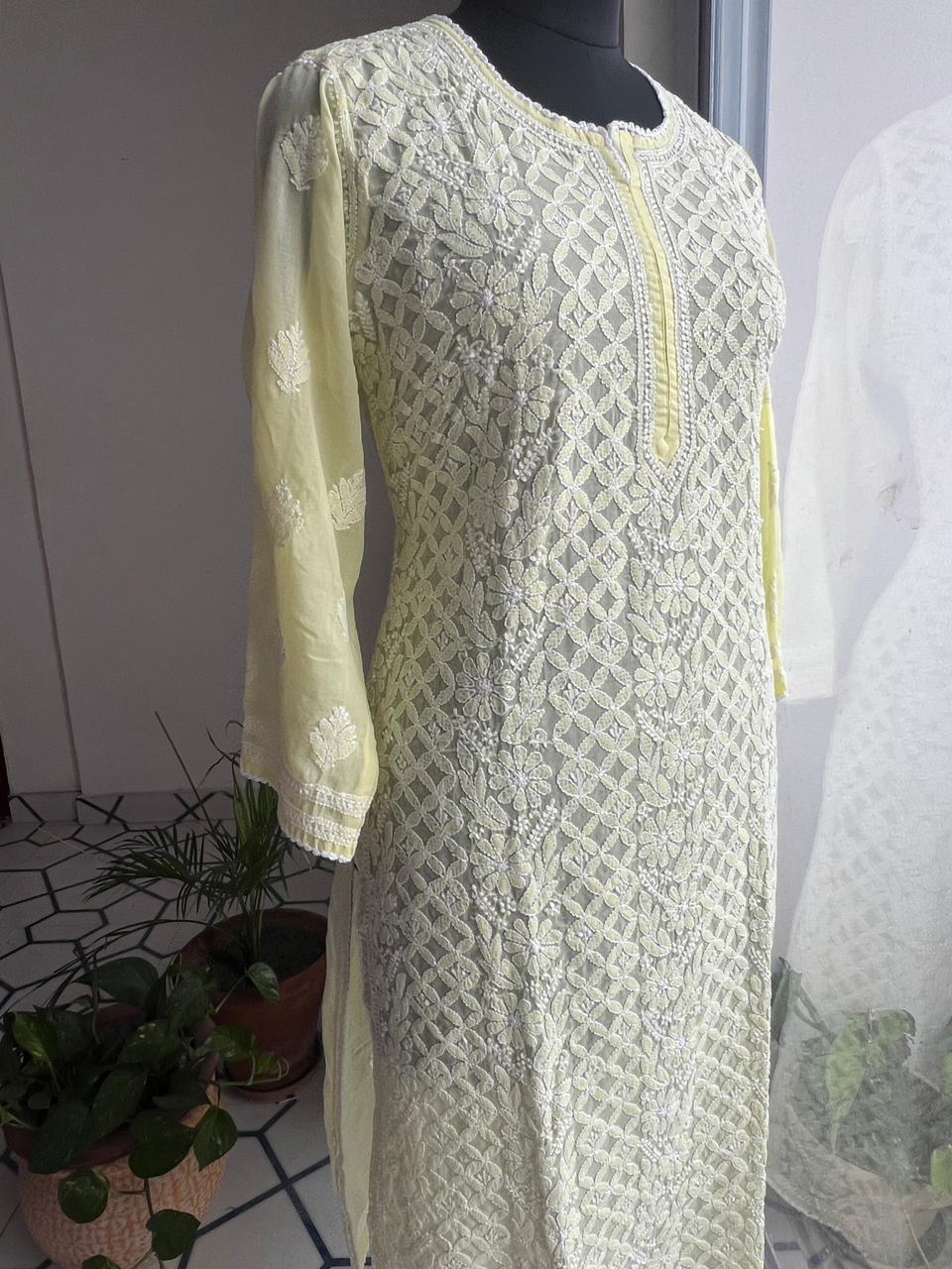 Lemon Cotton Hand Embroidered Kurti