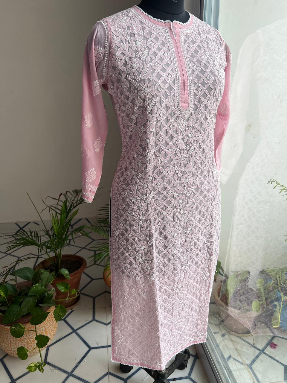 Old Rose pink Cotton Hand embroidered kurti