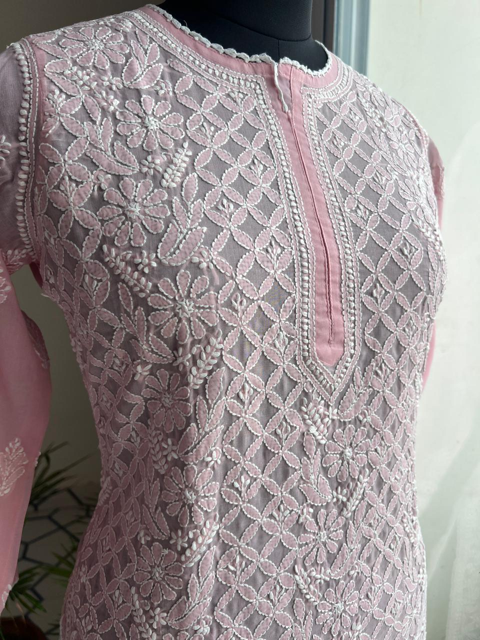 Old Rose pink Cotton Hand embroidered kurti