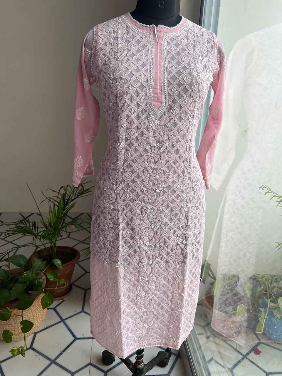 Old Rose pink Cotton Hand embroidered kurti