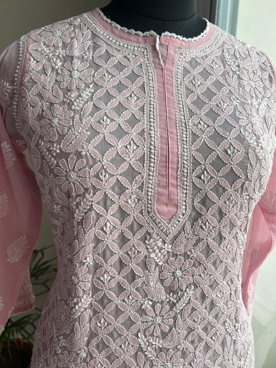 Old Rose pink Cotton Hand embroidered kurti