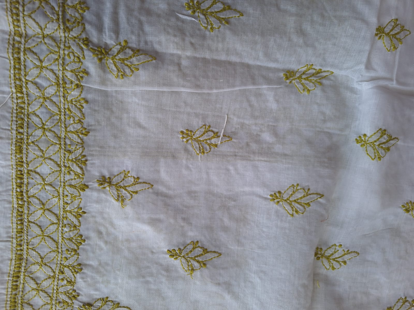 Cotton white Base Kurta fabric with Colored chikankari