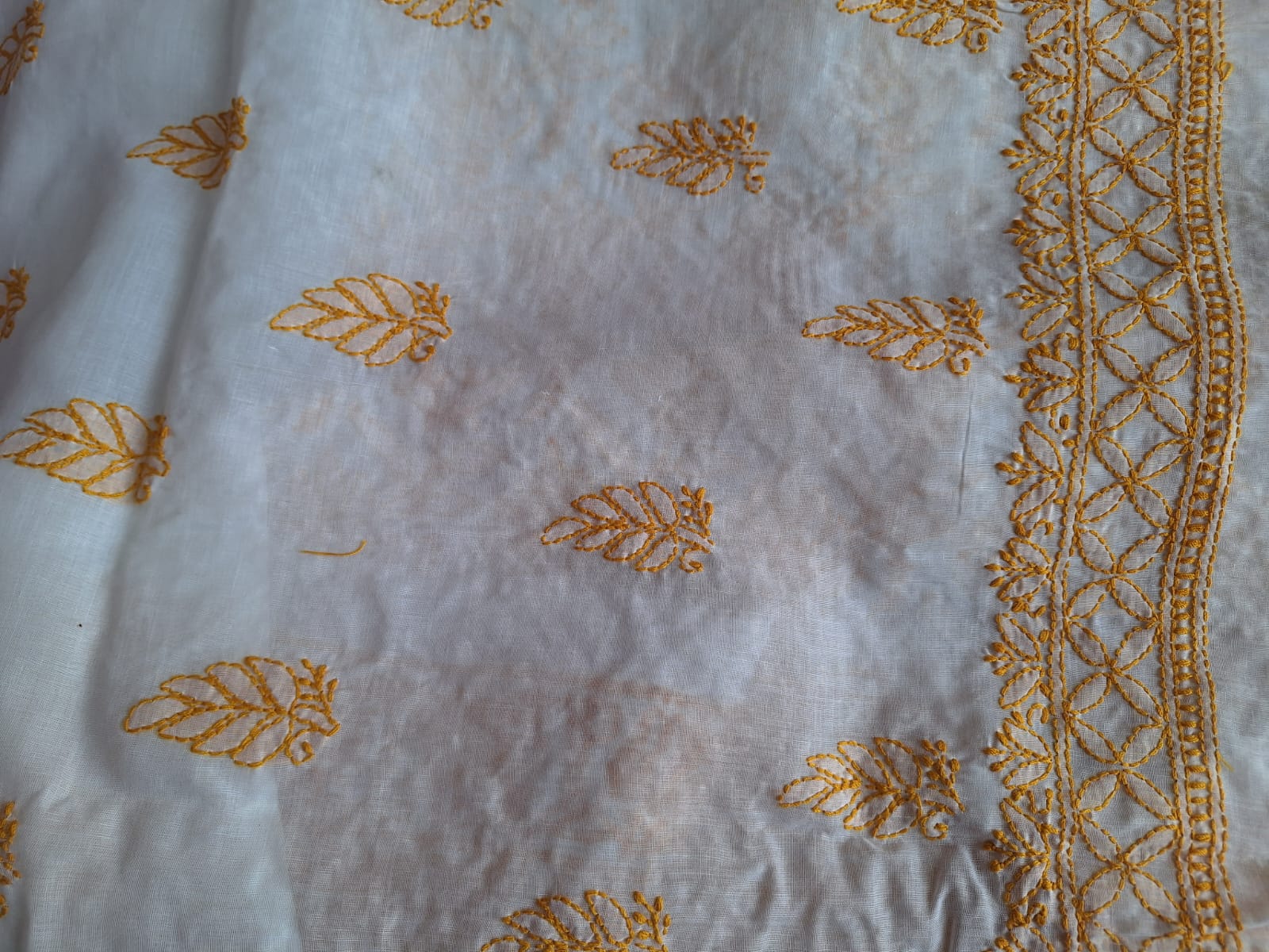 Cotton White base Kurta fabric with Colored Chikankari