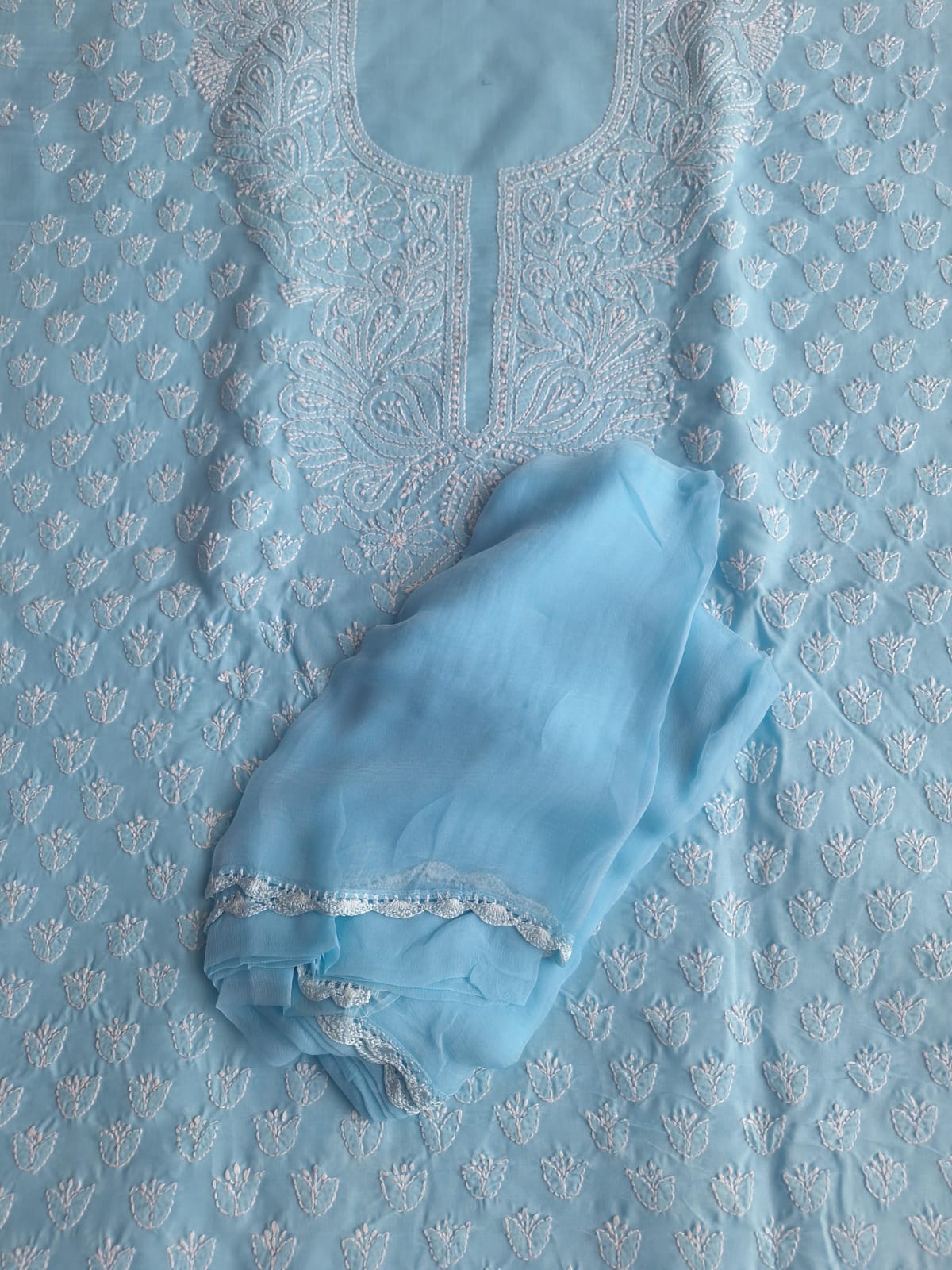 Sky Blue Cotton Handwork Suit