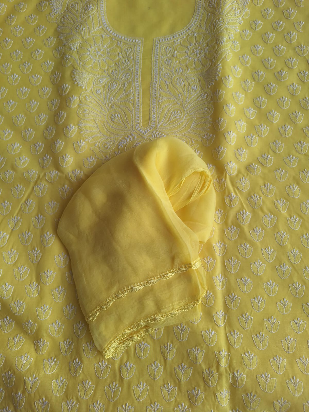 Bright Yellow Cotton Handembroidered Chikankari Suit