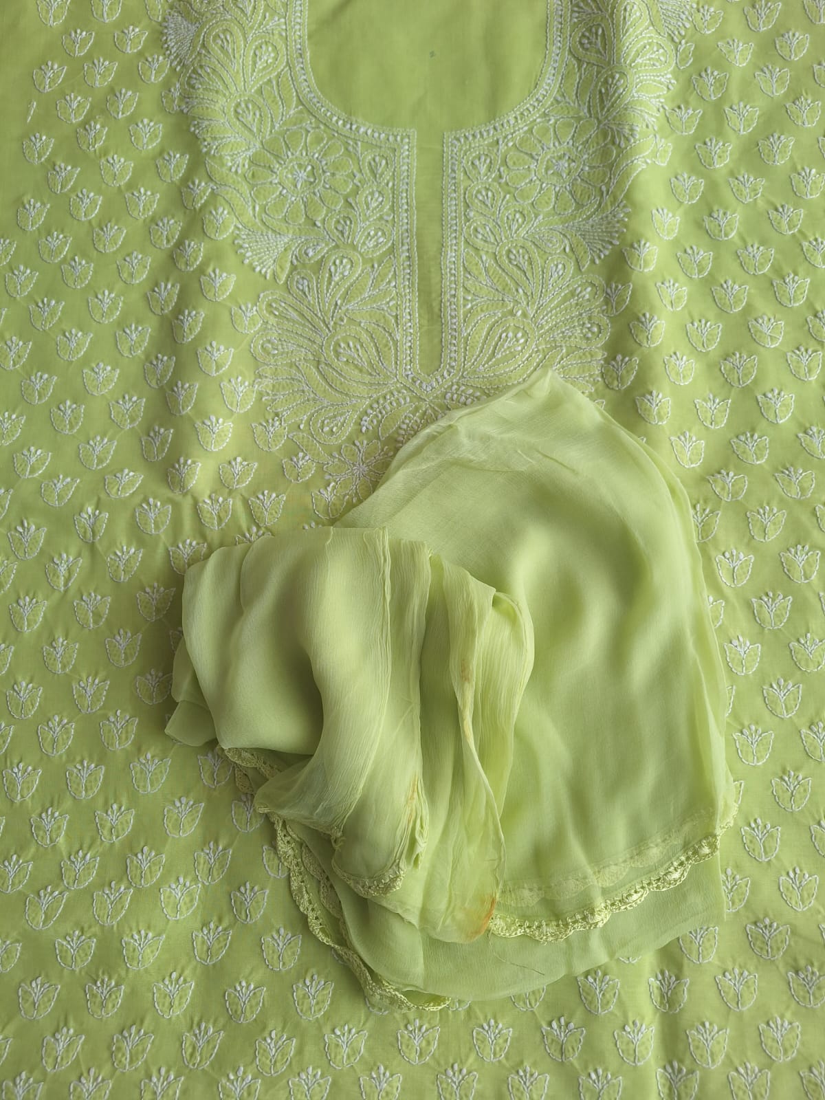 Lime Green Cotton Hand work Suit