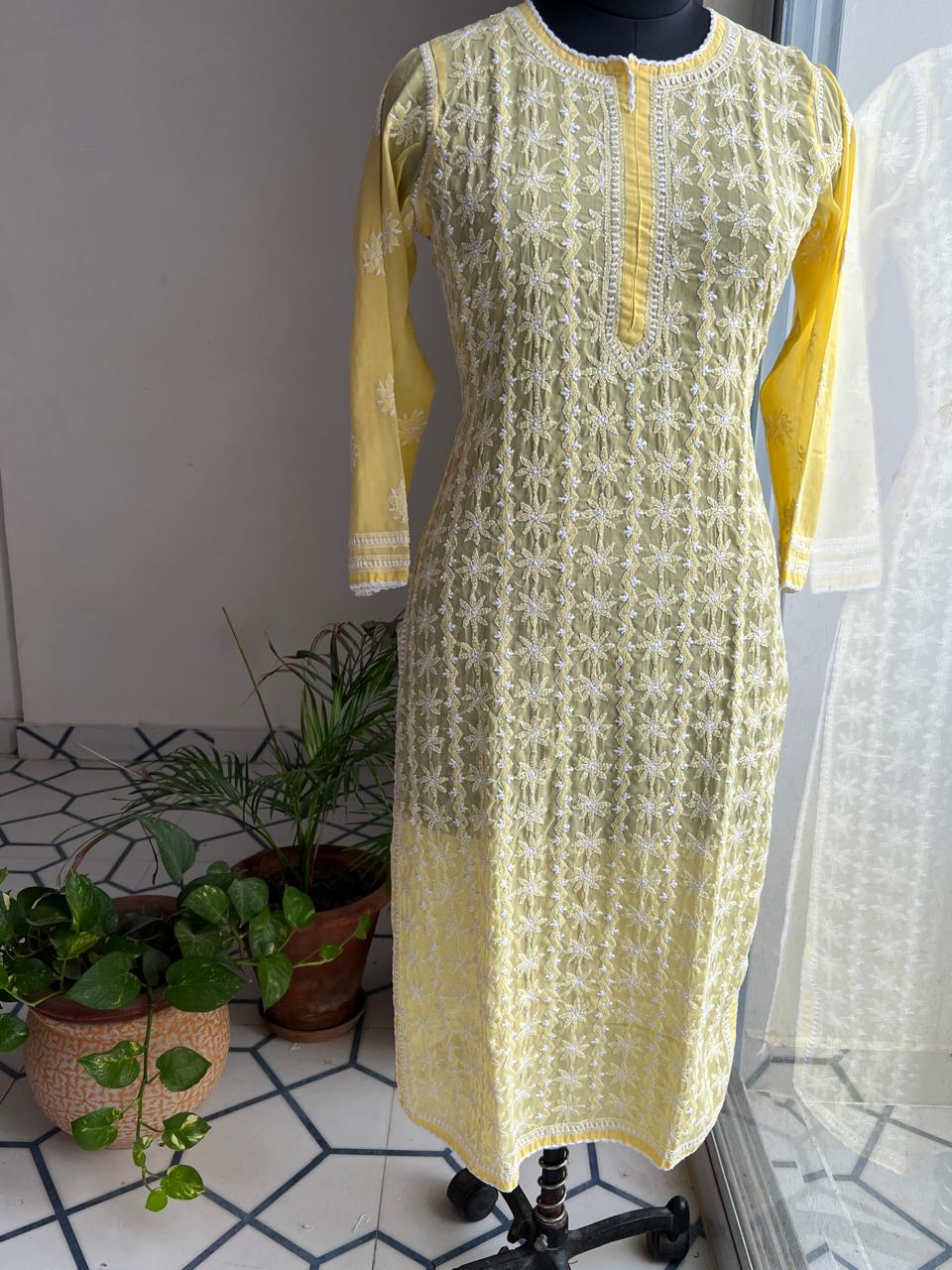 Yellow Cotton kurta with Delicate chikankari