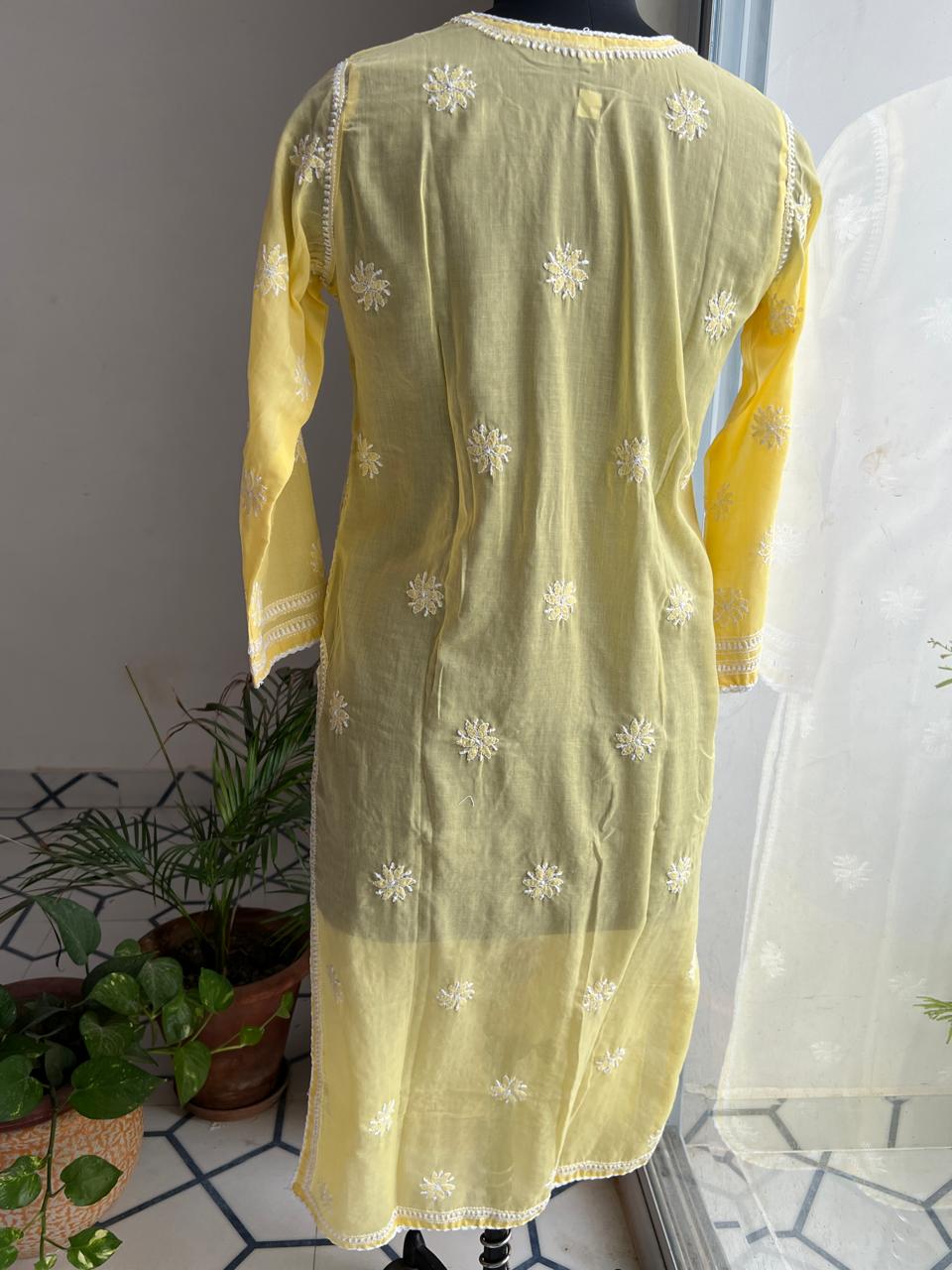 Yellow Cotton kurta with Delicate chikankari