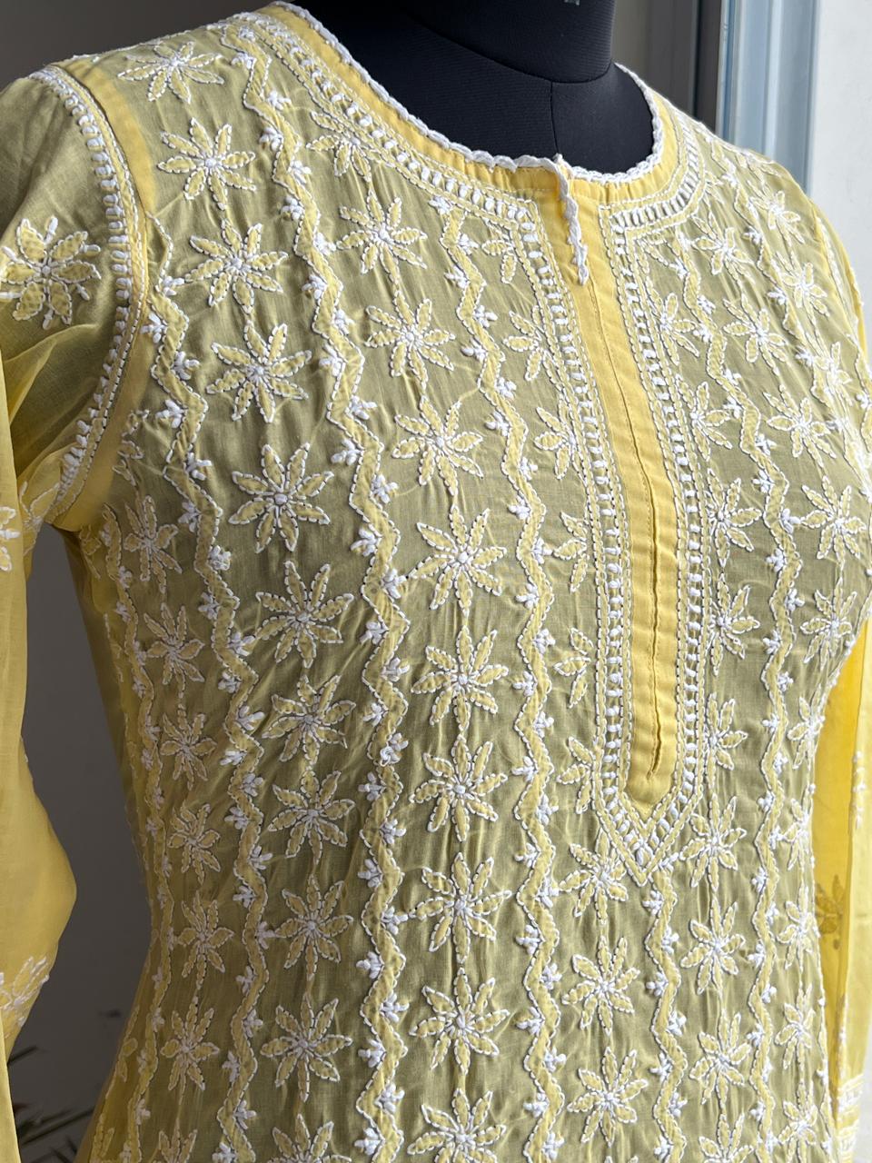 Yellow Cotton kurta with Delicate chikankari