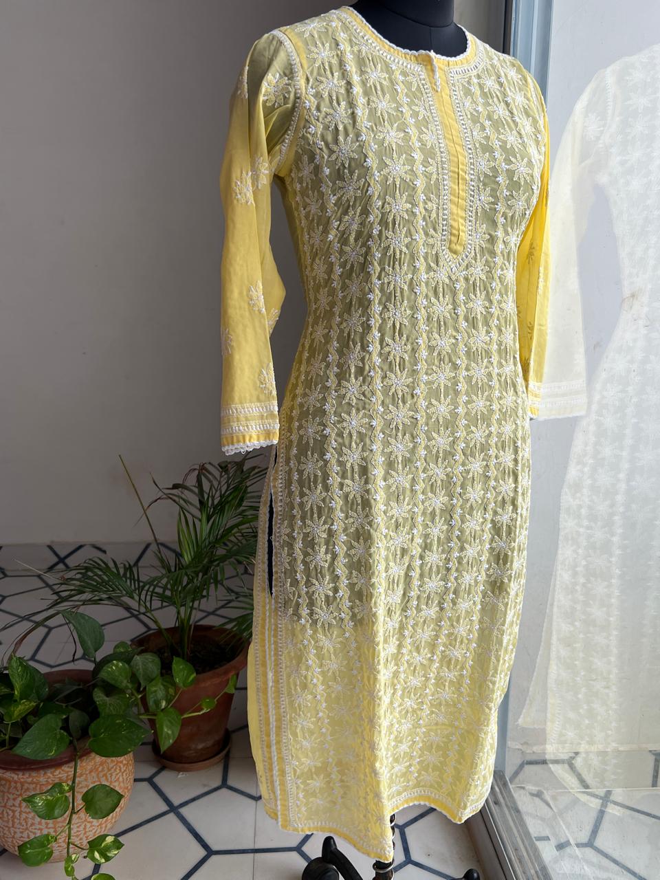 Yellow Cotton kurta with Delicate chikankari