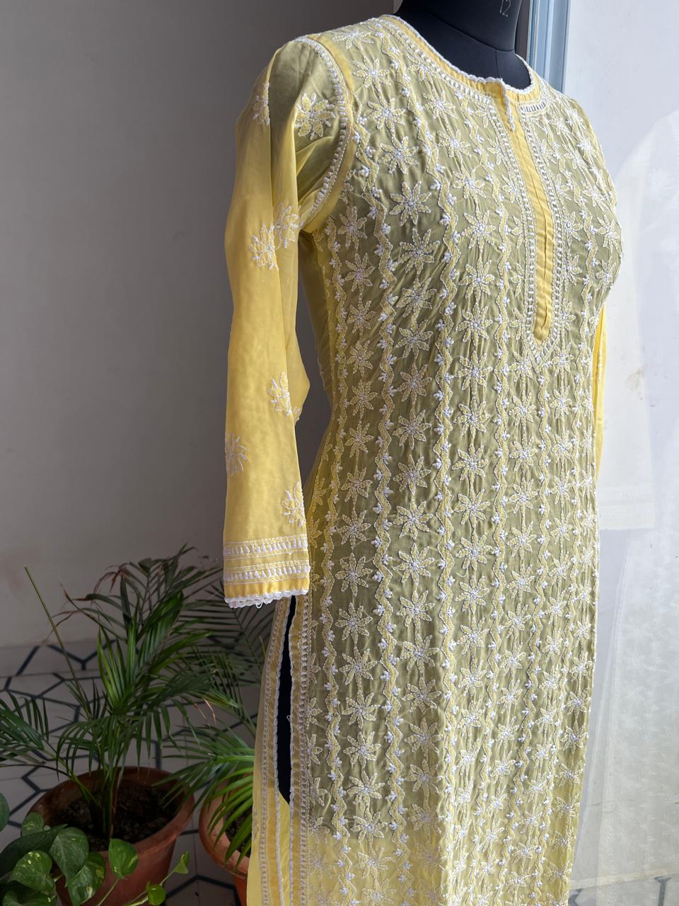 Yellow Cotton kurta with Delicate chikankari