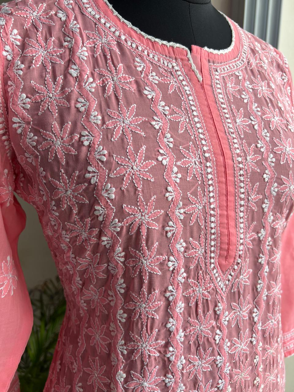 Carrot Pink Cotton Kurta with Delicate chikankari
