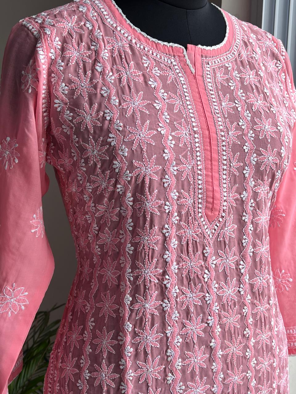 Carrot Pink Cotton Kurta with Delicate chikankari