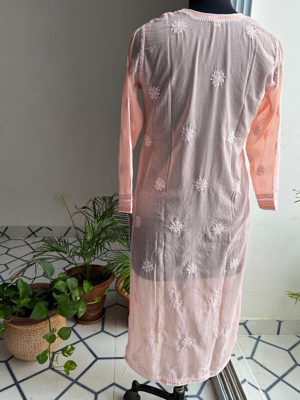 Peach Soft Cotton Kurta with Delicate chikankari