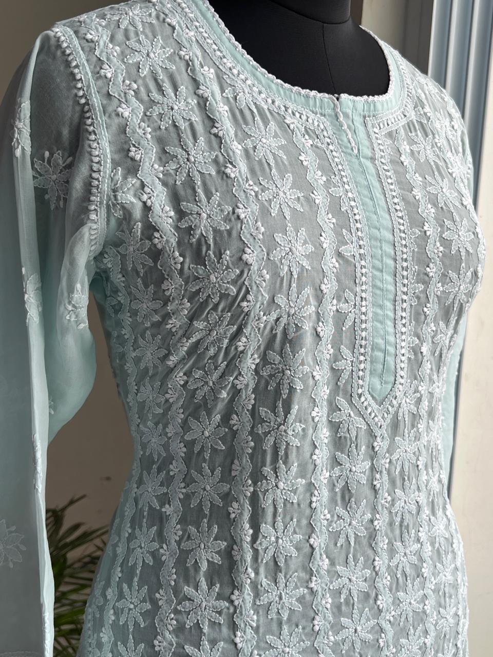 Sea blue cotton kurta with Delicate chikankari