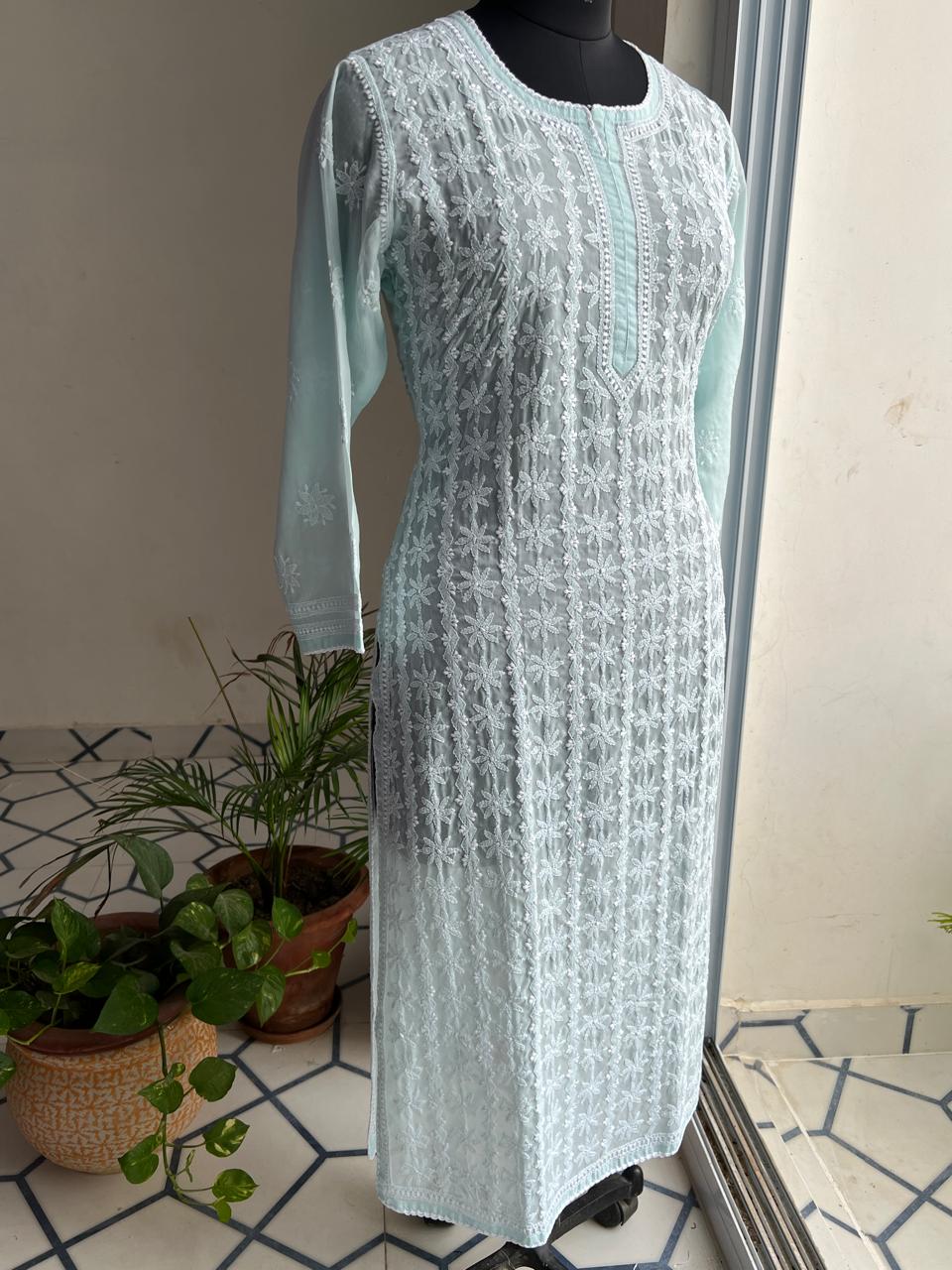 Sea blue cotton kurta with Delicate chikankari