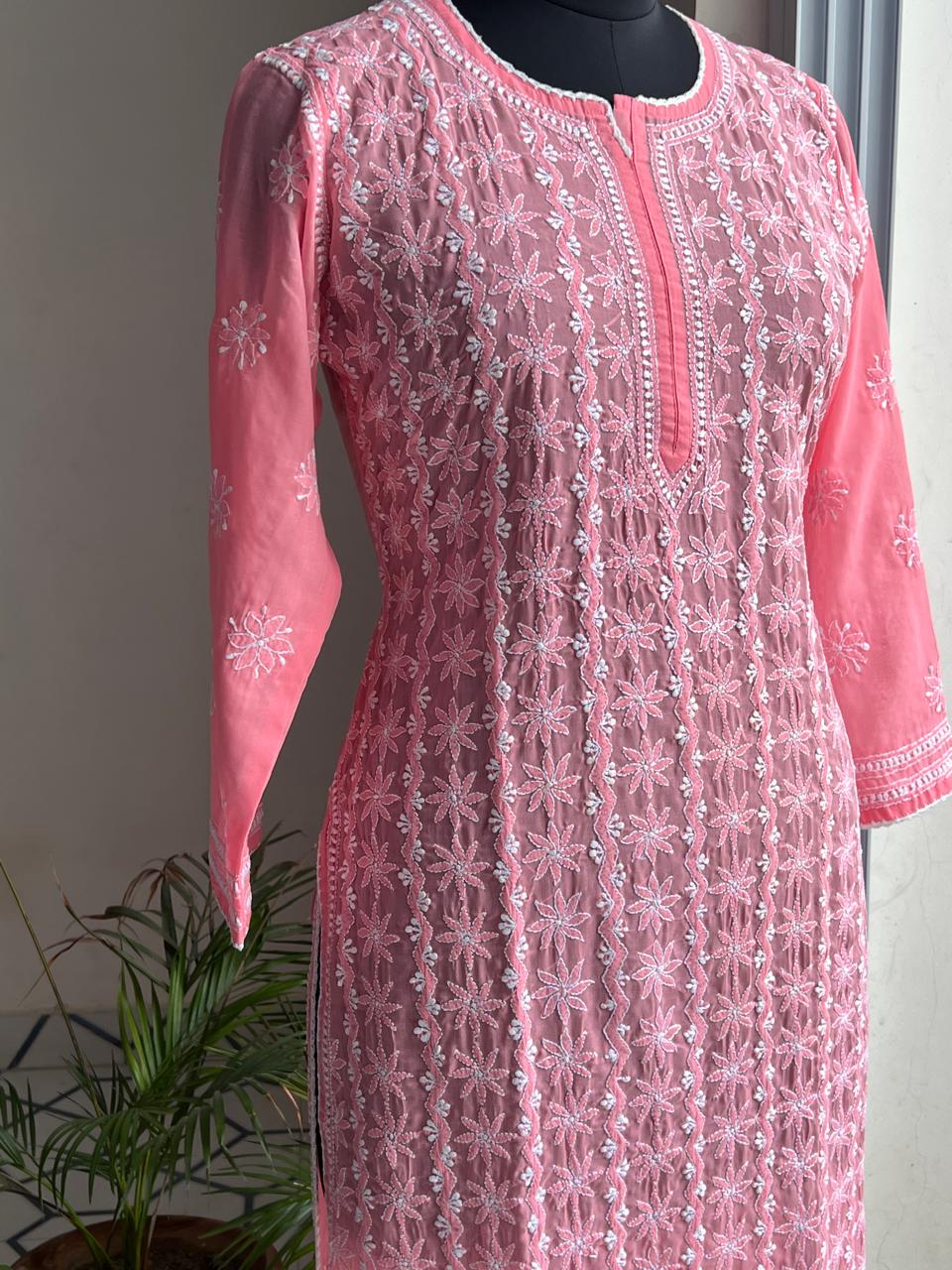 Carrot Pink Cotton Kurta with Delicate chikankari