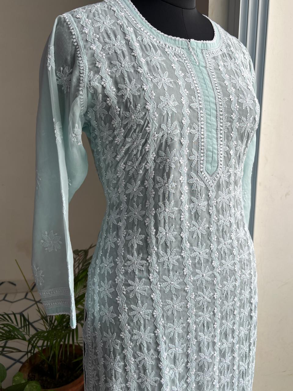 Sea blue cotton kurta with Delicate chikankari