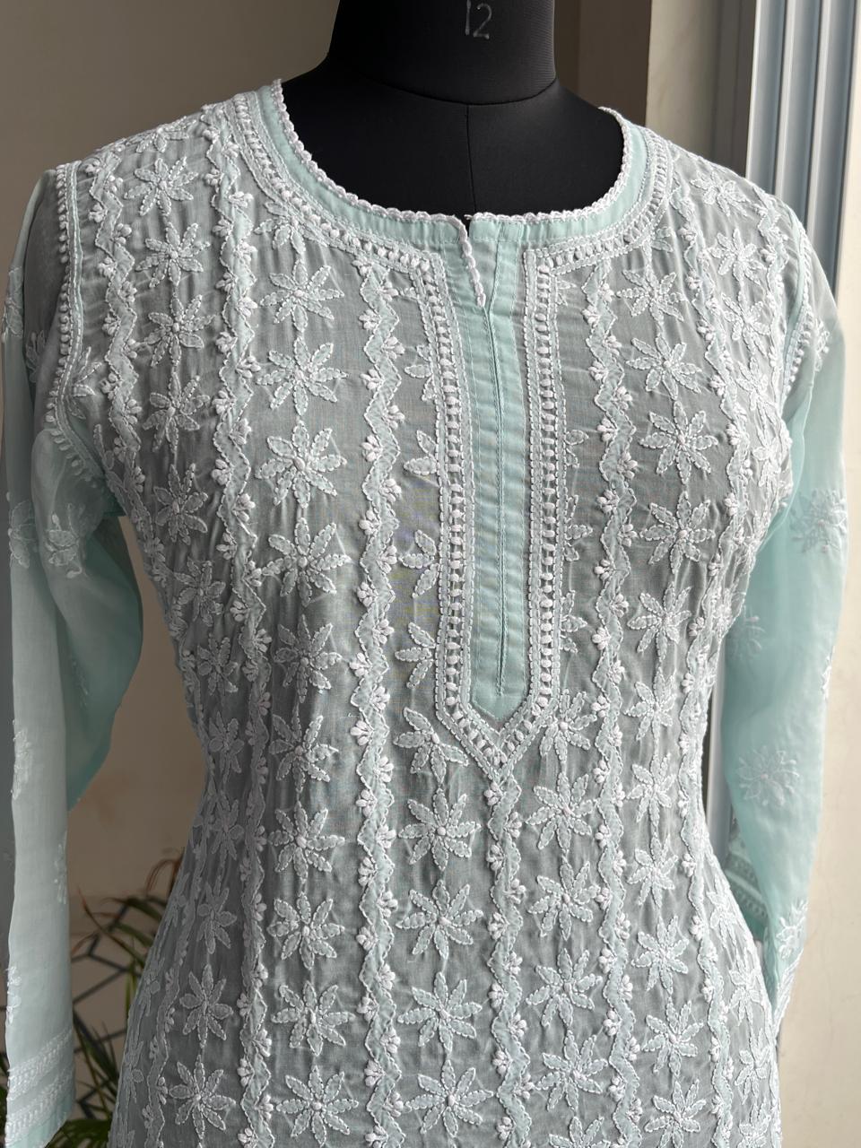 Sea blue cotton kurta with Delicate chikankari