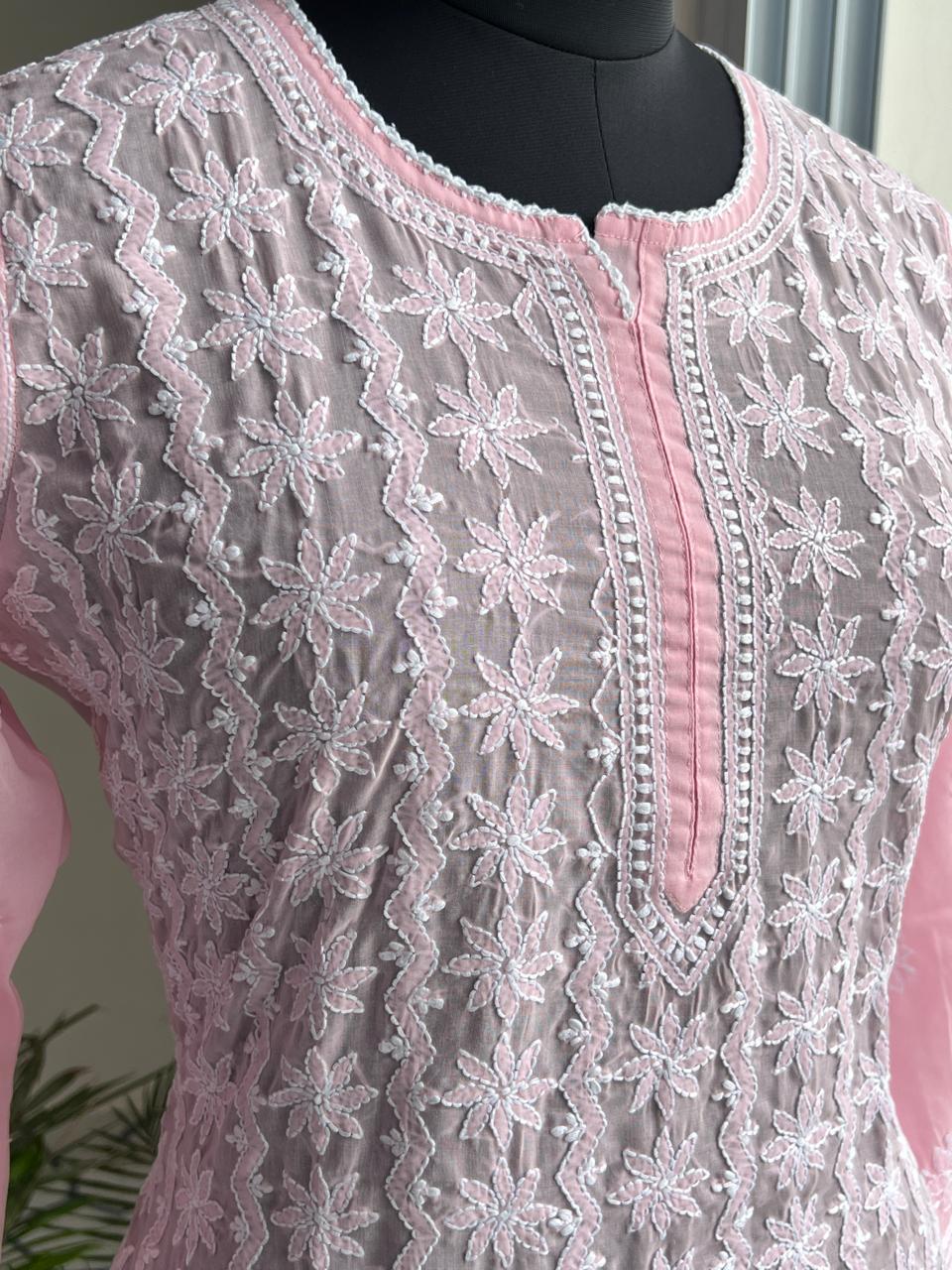 Pink Cotton Kurta with Delicate chikankari