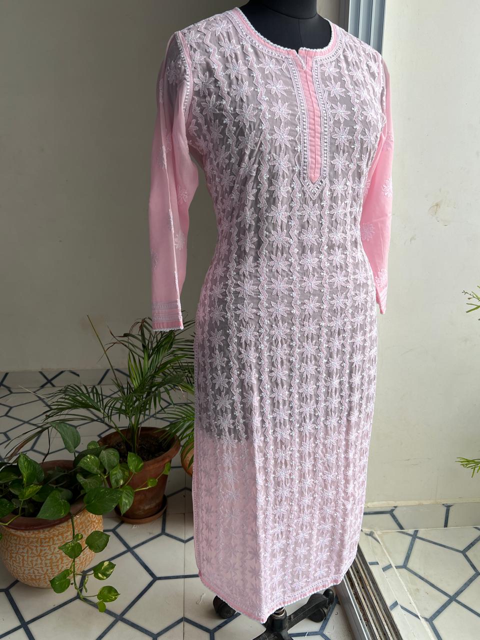 Pink Cotton Kurta with Delicate chikankari