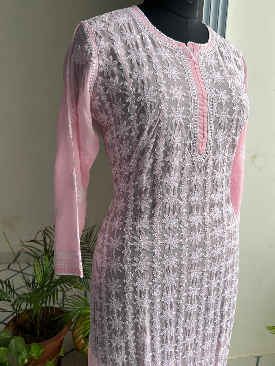 Pink Cotton Kurta with Delicate chikankari