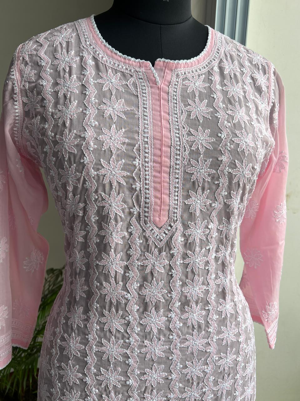 Pink Cotton Kurta with Delicate chikankari