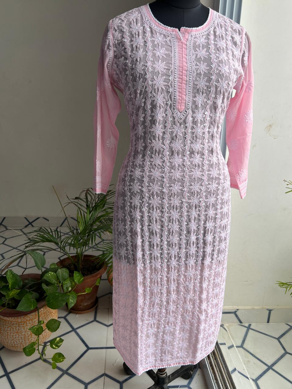 Pink Cotton Kurta with Delicate chikankari
