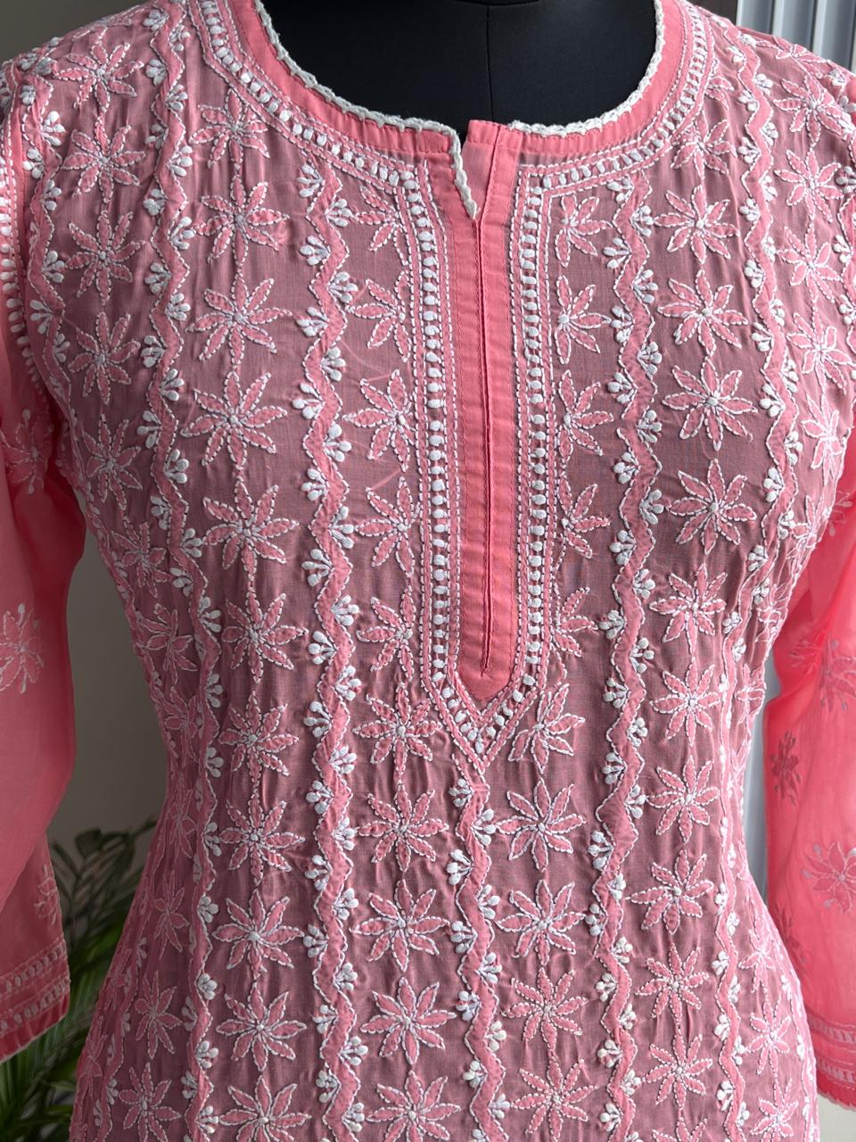 Carrot Pink Cotton Kurta with Delicate chikankari