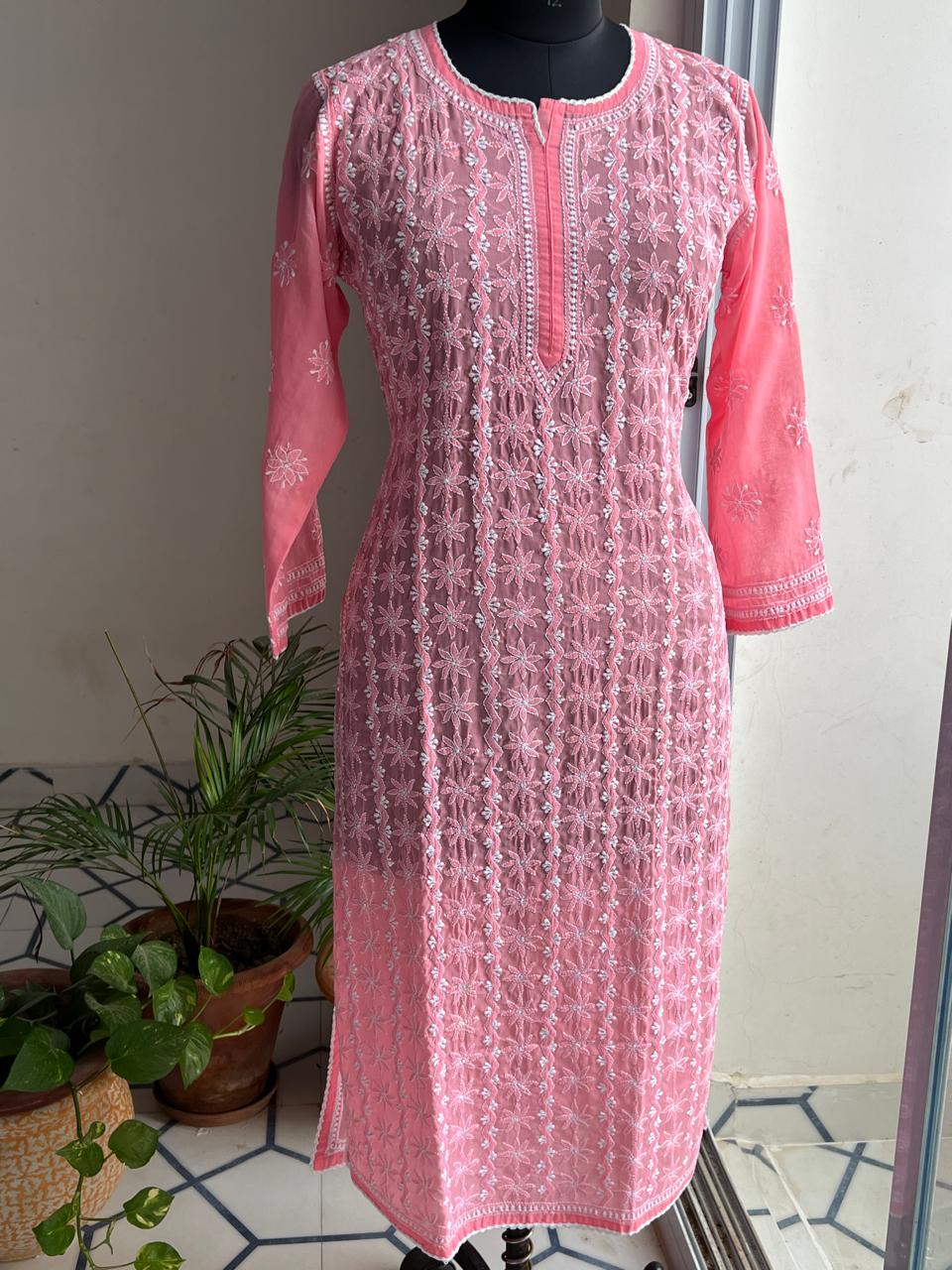 Carrot Pink Cotton Kurta with Delicate chikankari