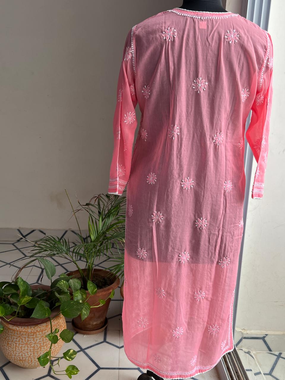 Carrot Pink Cotton Kurta with Delicate chikankari