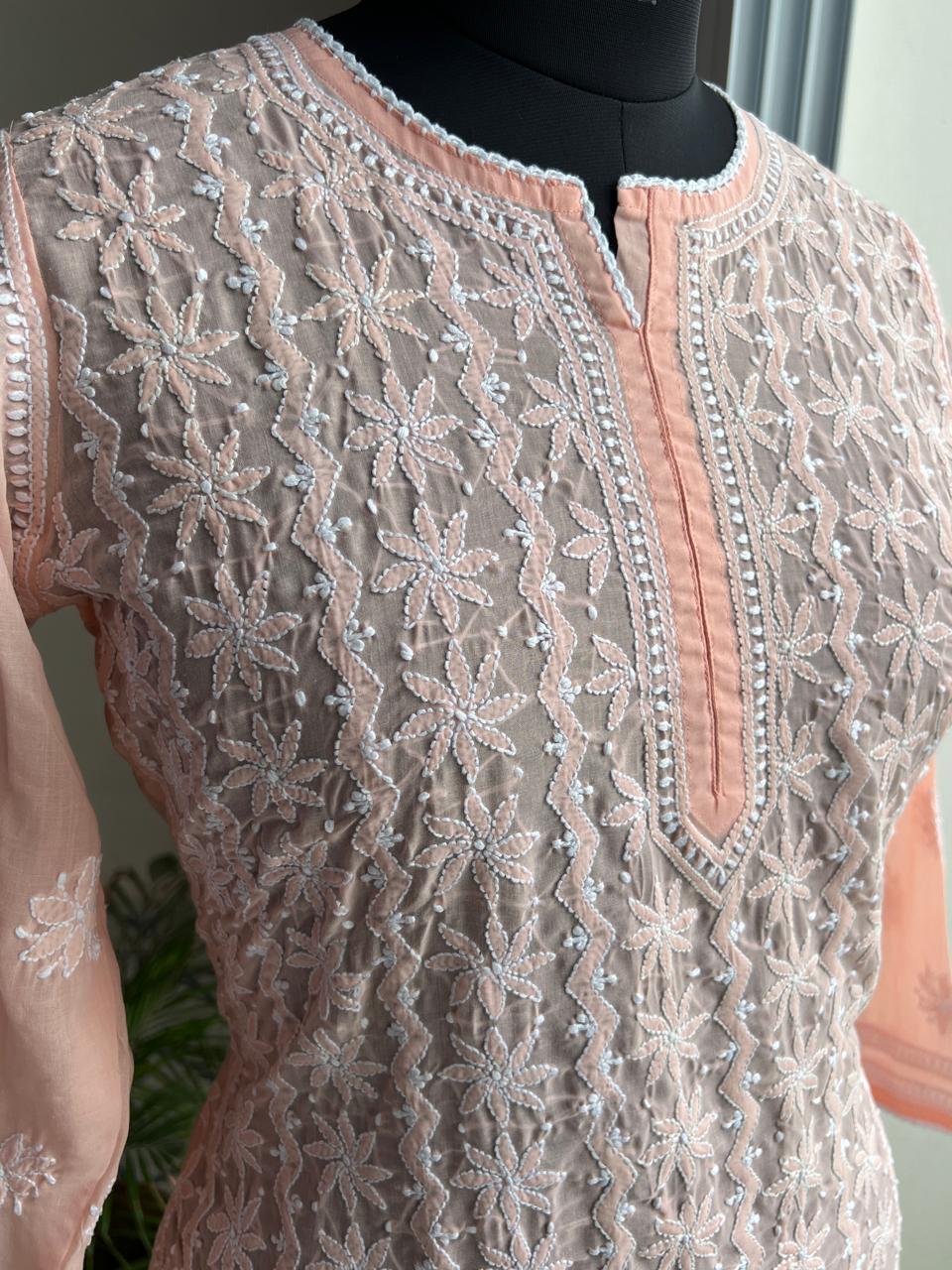 Peach Cotton Kurta with Delicate chikankari