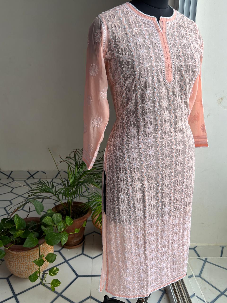 Peach Soft Cotton Kurta with Delicate chikankari