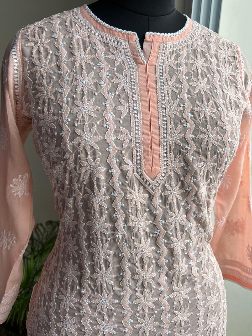 Peach Cotton Kurta with Delicate chikankari