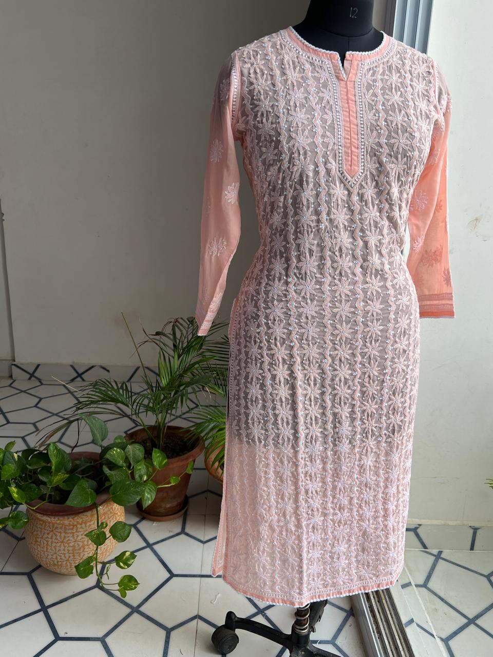 Peach Soft Cotton Kurta with Delicate chikankari