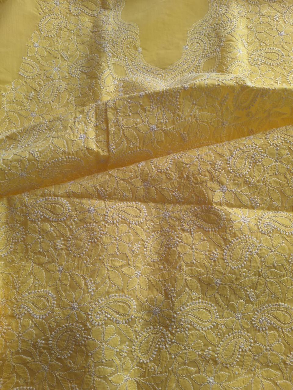 Yellow Cotton Hand embroidered Kurta