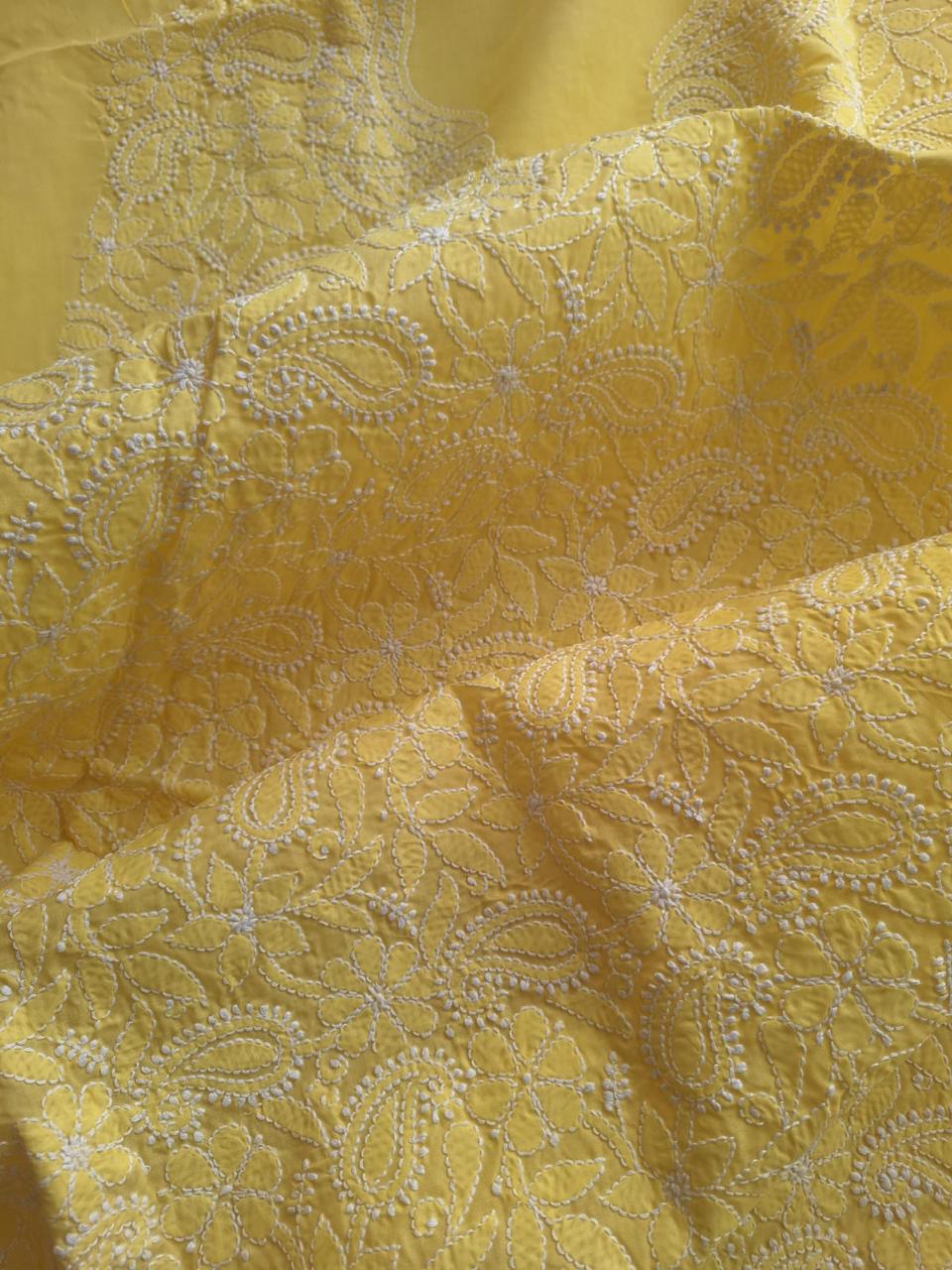 Yellow Cotton Hand embroidered Kurta