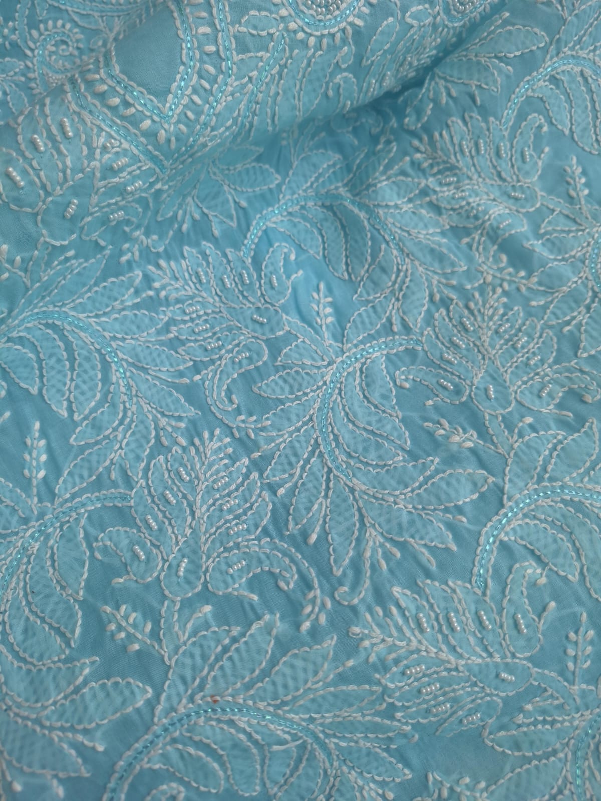 Sky Blue Cotton full Suit with Pearl and Zari