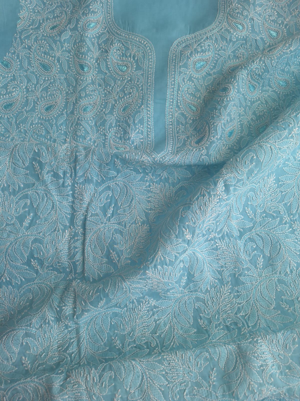 Sky Blue Cotton full Suit with Pearl and Zari
