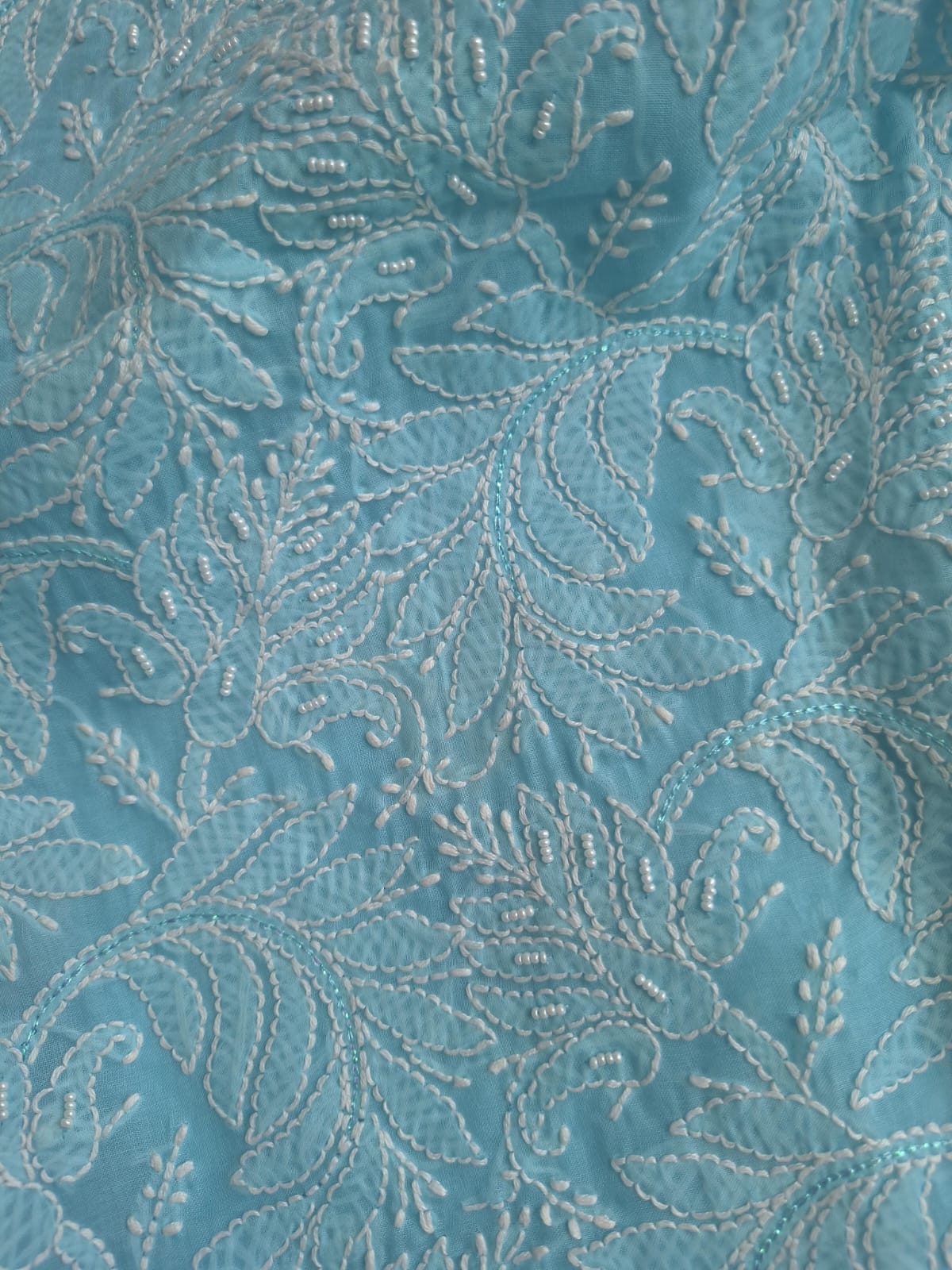 Sky Blue Cotton full Suit with Pearl and Zari