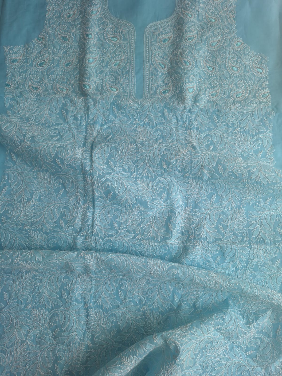 Sky Blue Cotton full Suit with Pearl and Zari