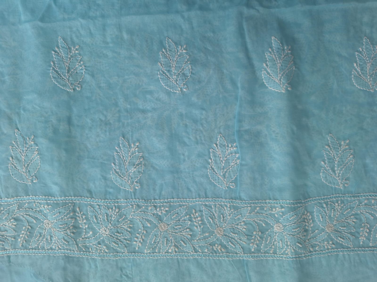 Sky Blue Cotton full Suit with Pearl and Zari
