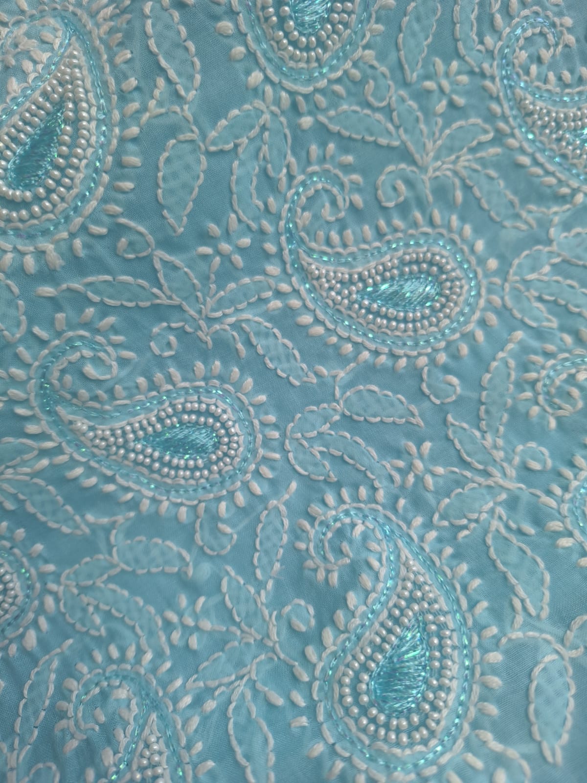 Sky Blue Cotton full Suit with Pearl and Zari