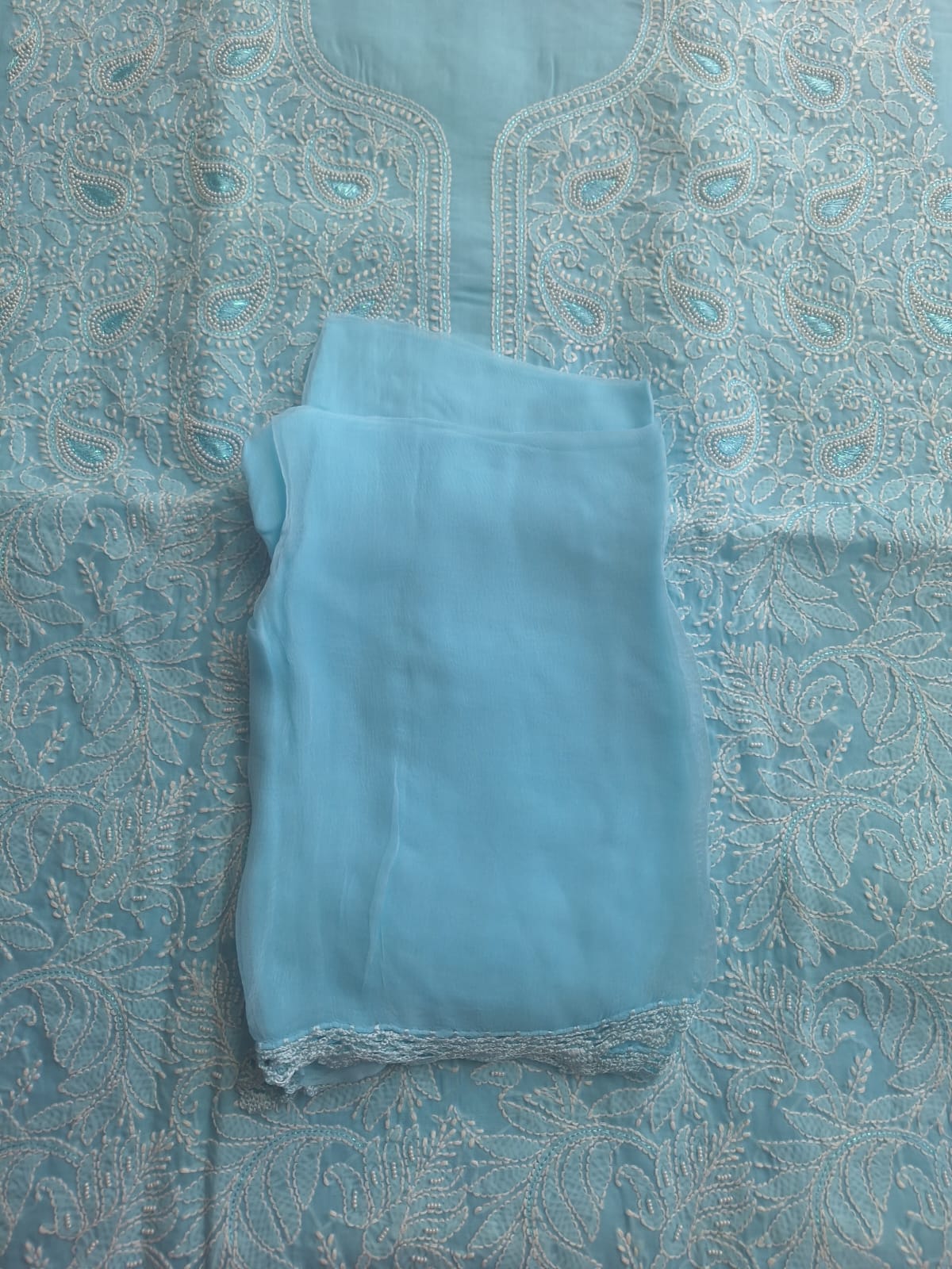 Sky Blue Cotton full Suit with Pearl and Zari