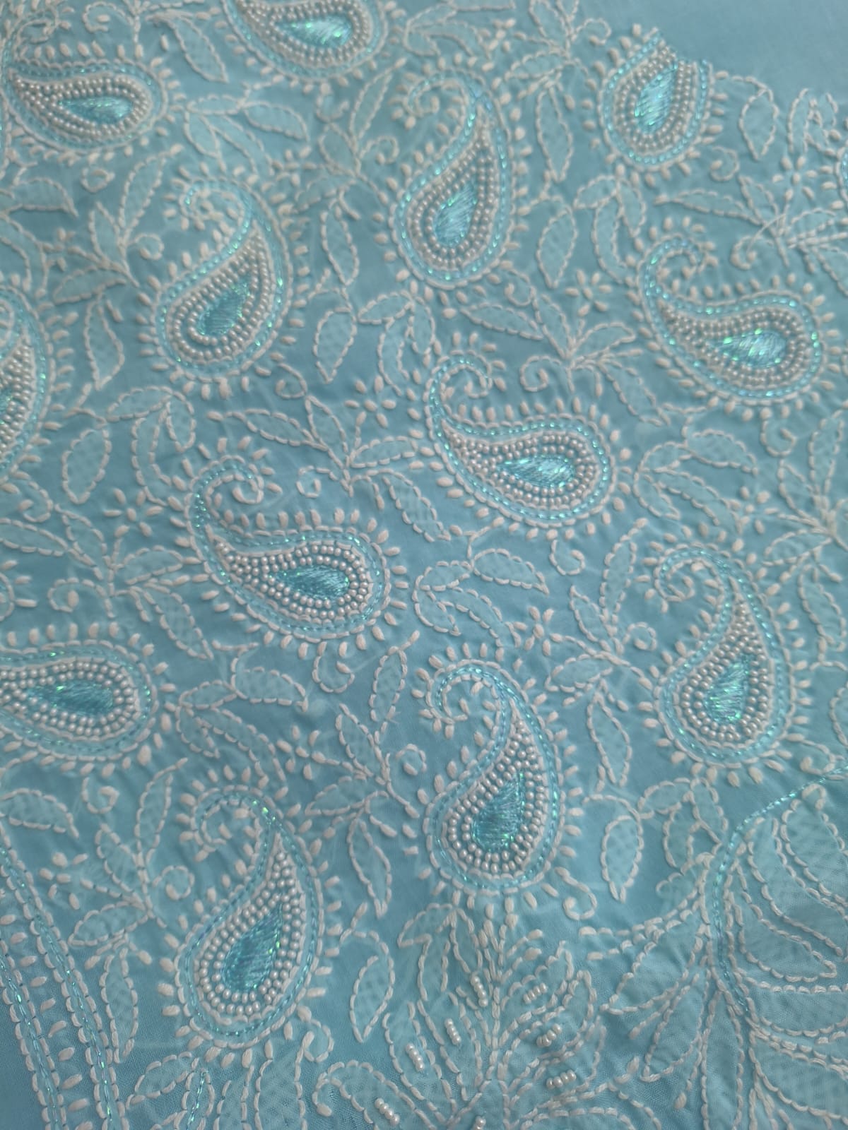 Sky Blue Cotton full Suit with Pearl and Zari