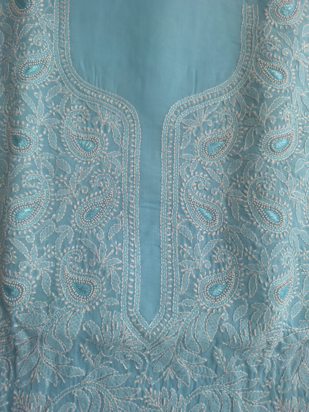 Sky Blue Cotton full Suit with Pearl and Zari